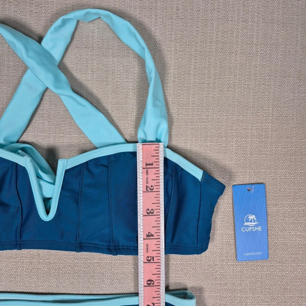 Cupshe Womens High Waisted Bikini Set Teal Blue Sweetheart Neck Size S‎ NWT